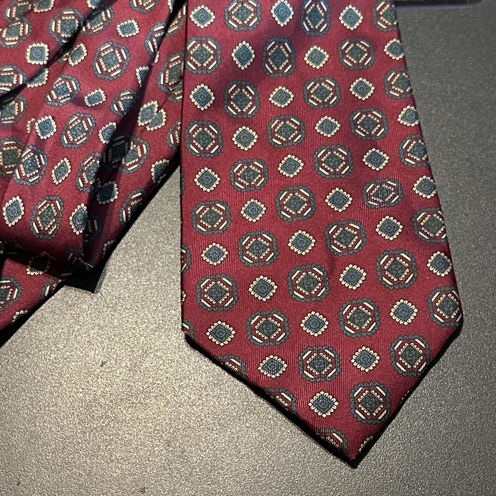 Lanvin Paris Burgundy and Blue Geometric pure silk Tie